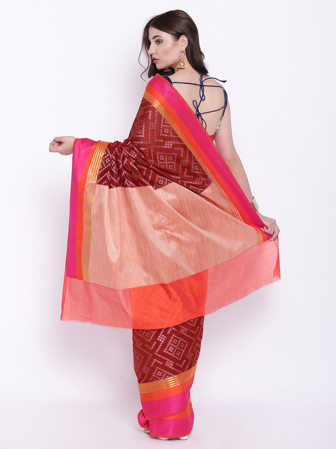 Banarasi Silk Saree with Geometrical Weaving and Multicolor Stripes