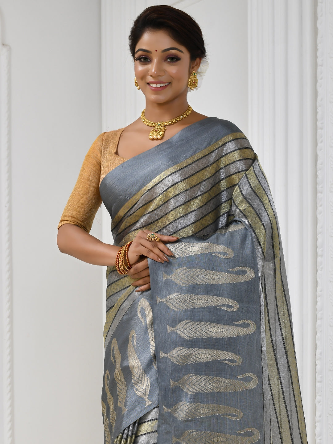 Grey Khadi Cotton Striped Patterned Saree