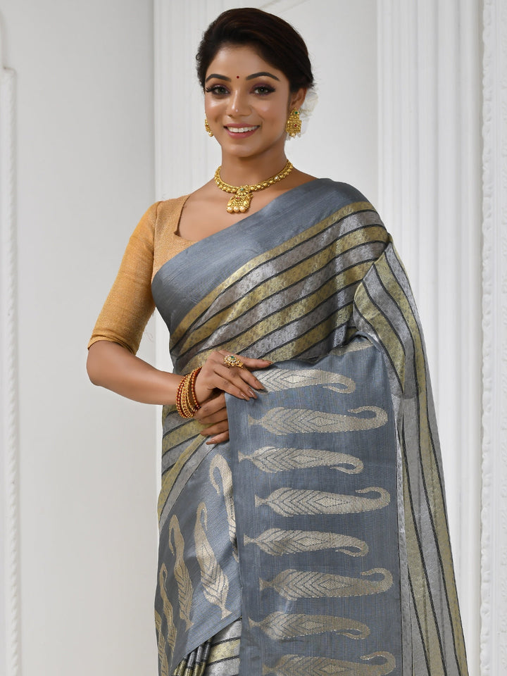 Grey Khadi Cotton Striped Patterned Saree