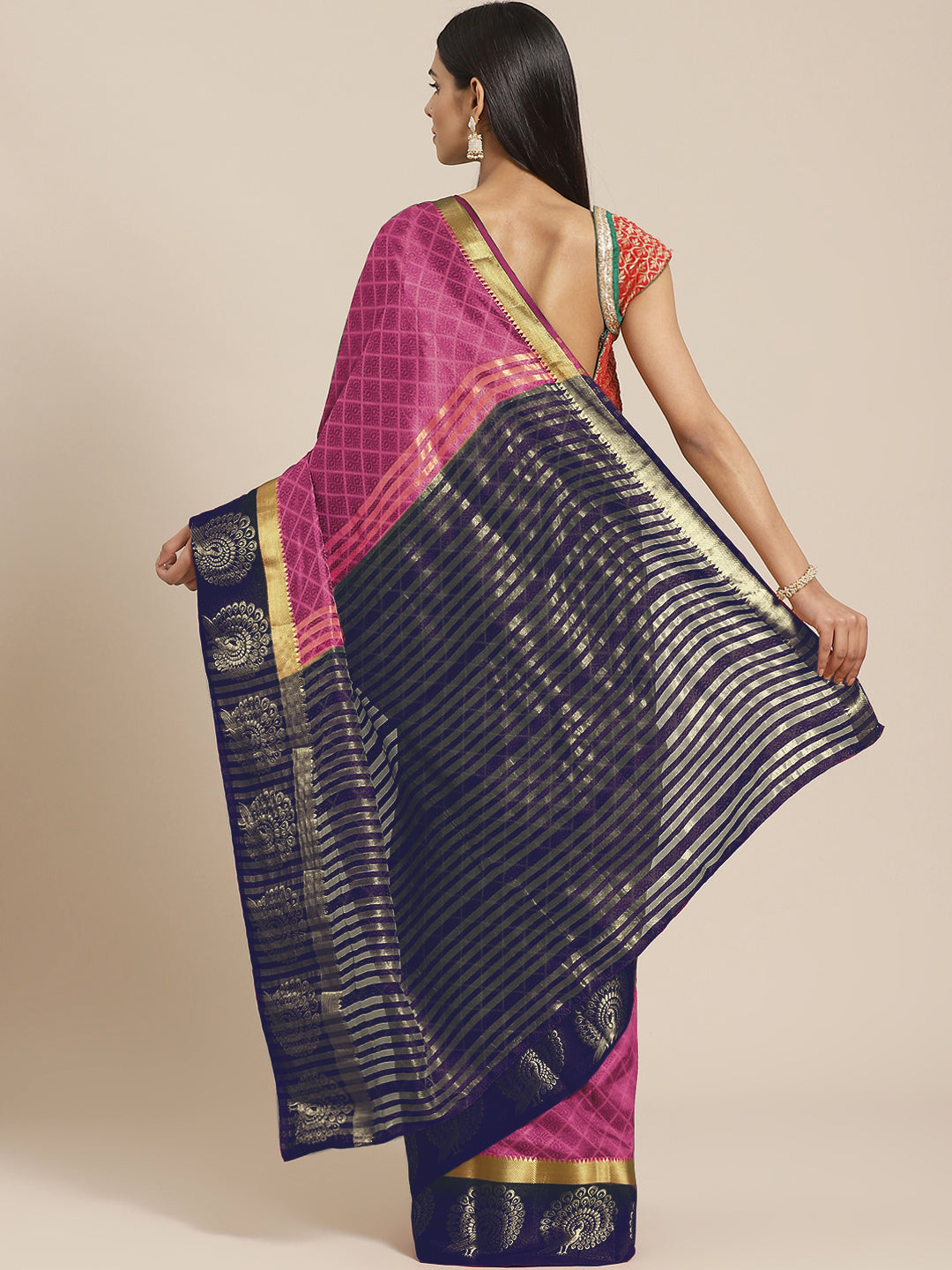 Traditional Banarasi Saree with Contrast peacock motif woven border