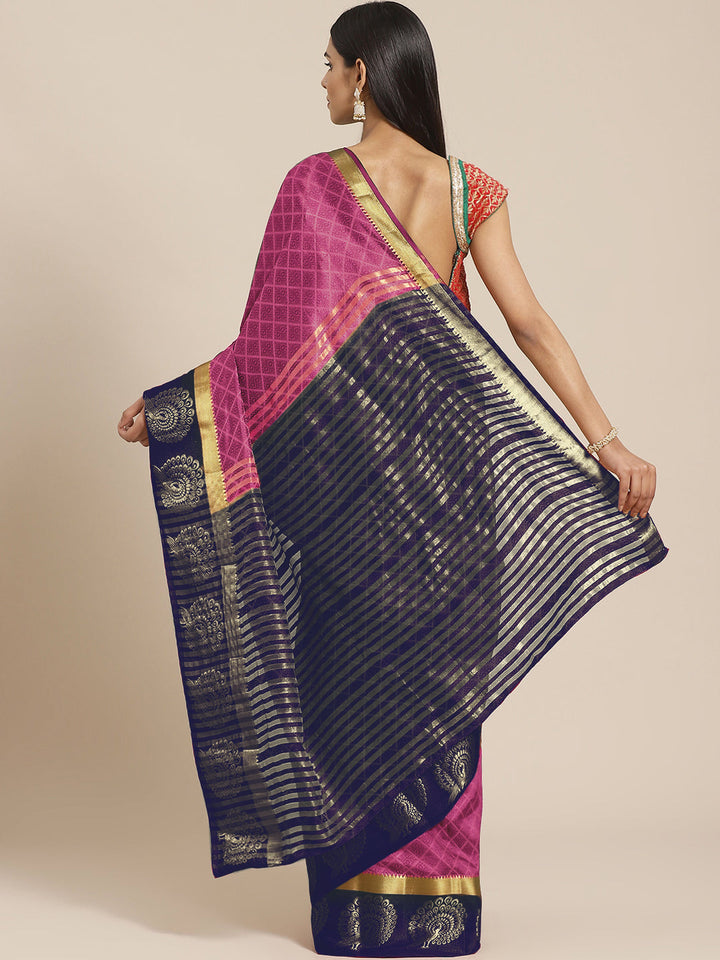 Traditional Banarasi Saree with Contrast peacock motif woven border