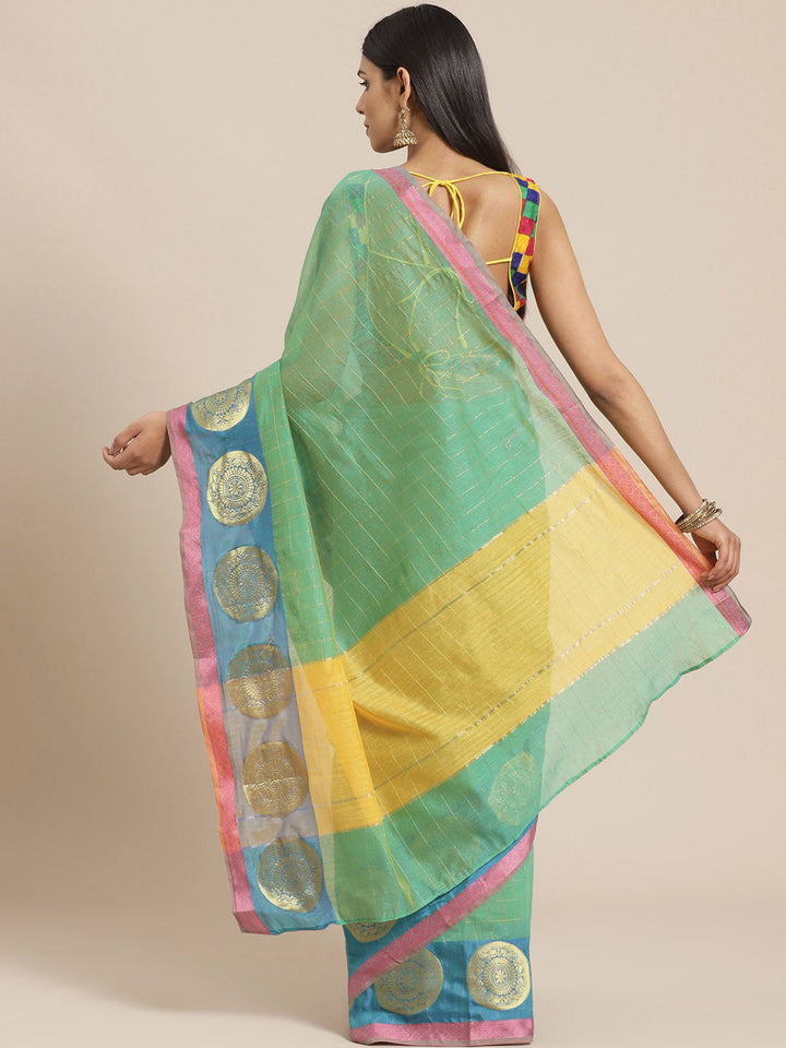Banarasi Chanderi Checkered Saree with Geometrical Gold Zari Motifs in multicolor Border