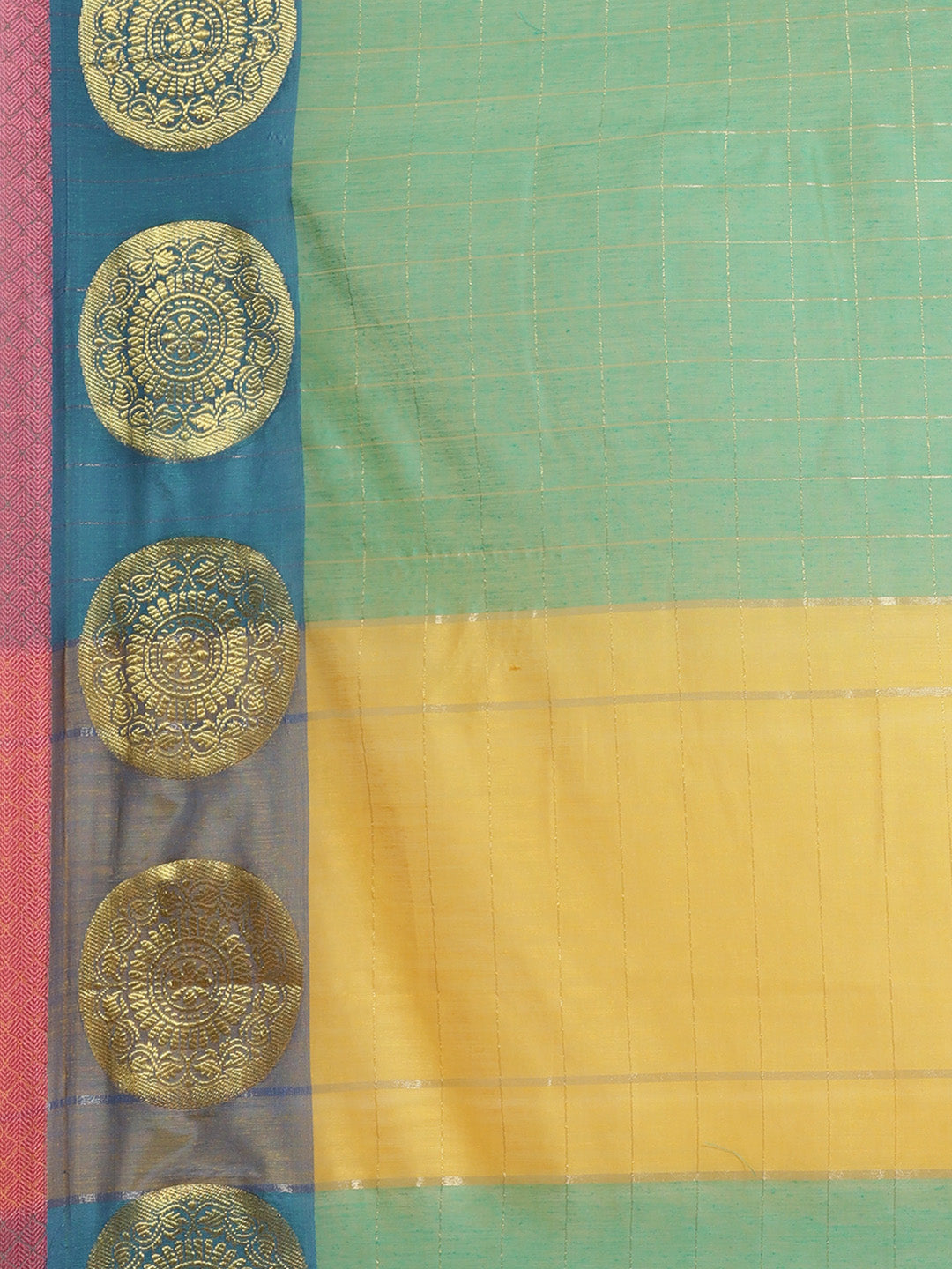 Banarasi Chanderi Checkered Saree with Geometrical Gold Zari Motifs in multicolor Border