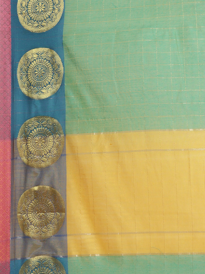 Banarasi Chanderi Checkered Saree with Geometrical Gold Zari Motifs in multicolor Border