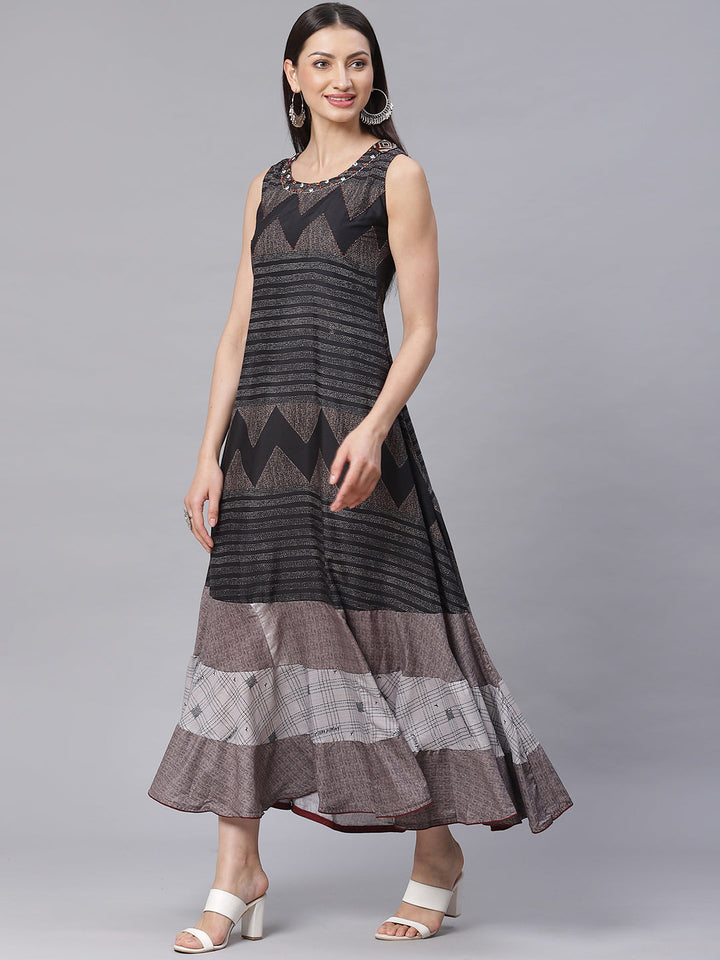 Made to Measure Flared Paneled Dress with Geometrical Prints and Resham Embroidery