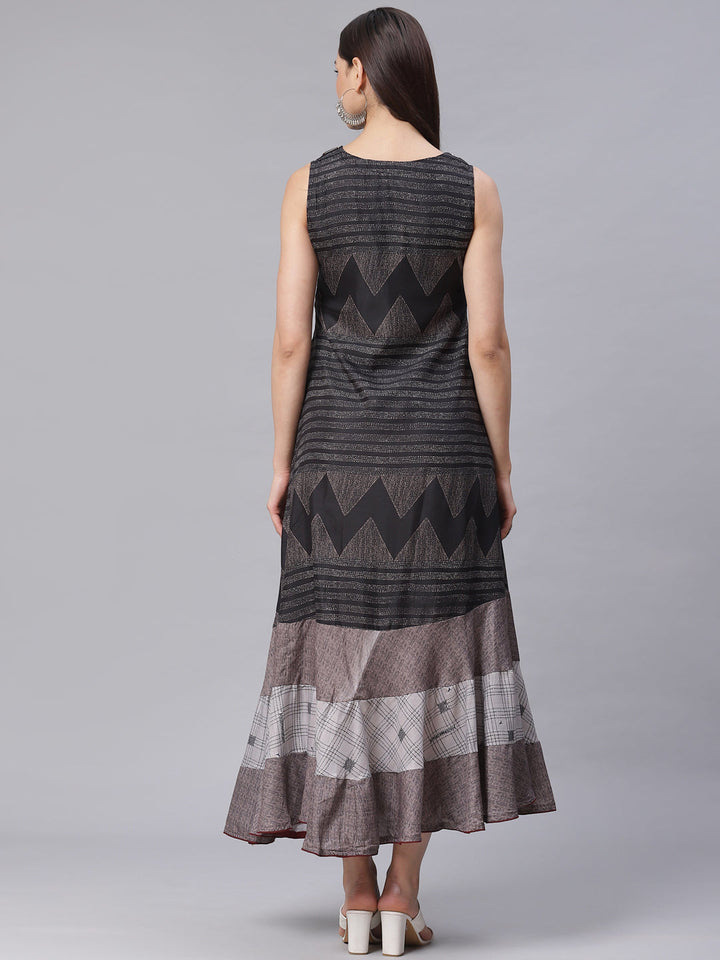 Made to Measure Flared Paneled Dress with Geometrical Prints and Resham Embroidery