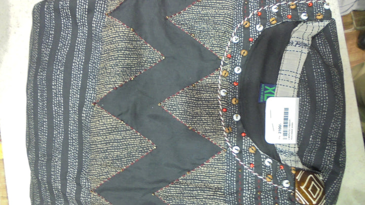 Made to Measure Flared Paneled Dress with Geometrical Prints and Resham Embroidery