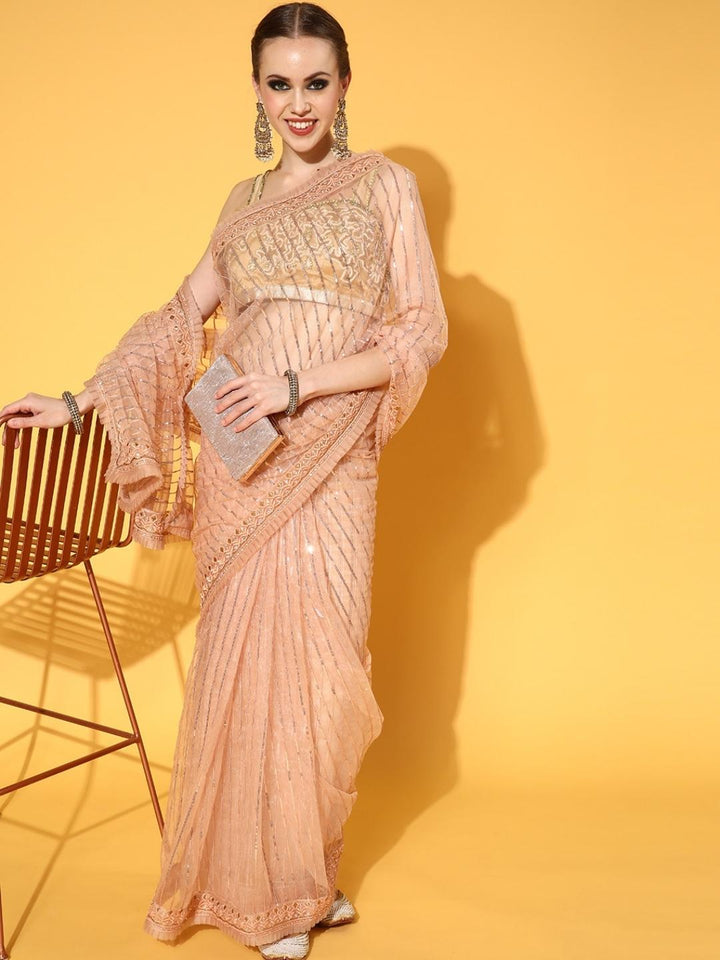 Peach Metallic Sequin Embellished Net Saree With Pleated Border