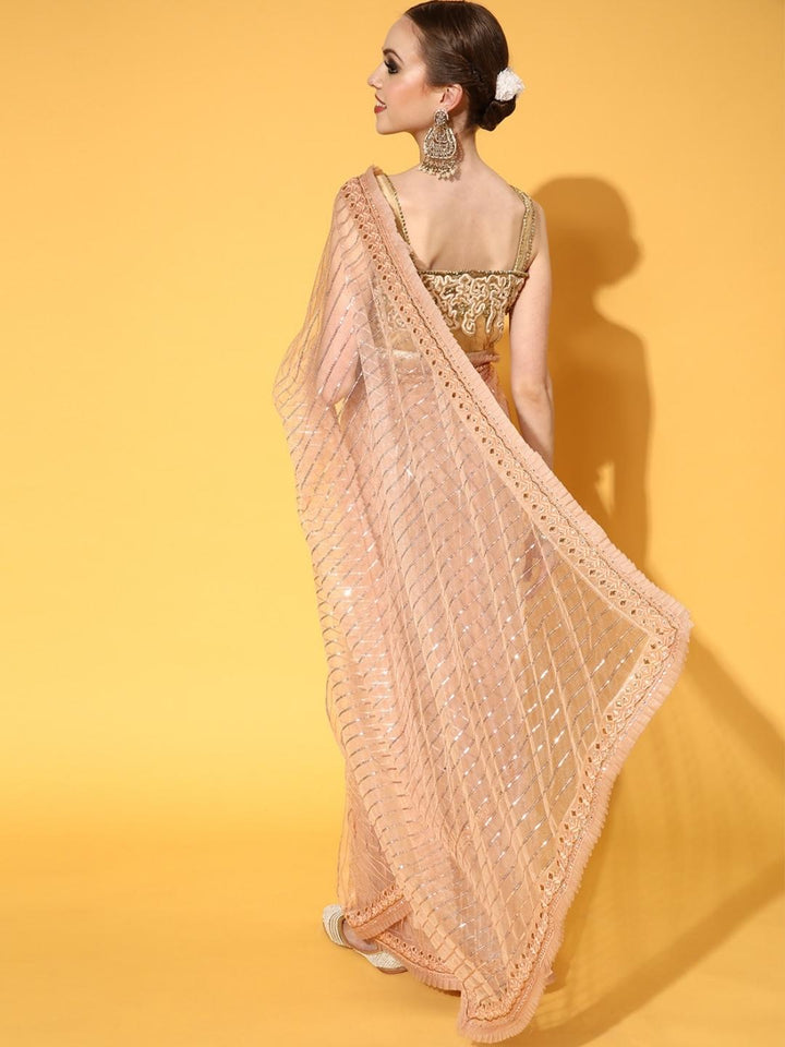Peach Metallic Sequin Embellished Net Saree With Pleated Border
