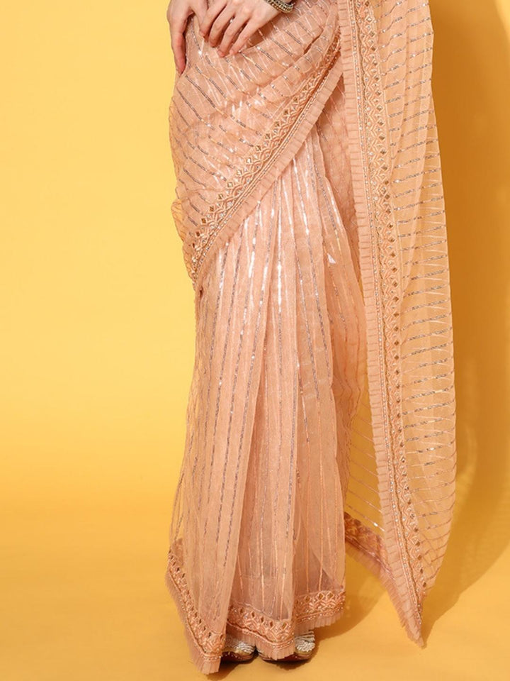 Peach Metallic Sequin Embellished Net Saree With Pleated Border
