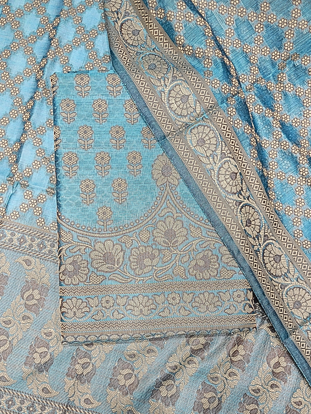 Banarasi Silk Dress Material with Scalloped Floral Motifs & Jaal pattern Jhallar Dupatta