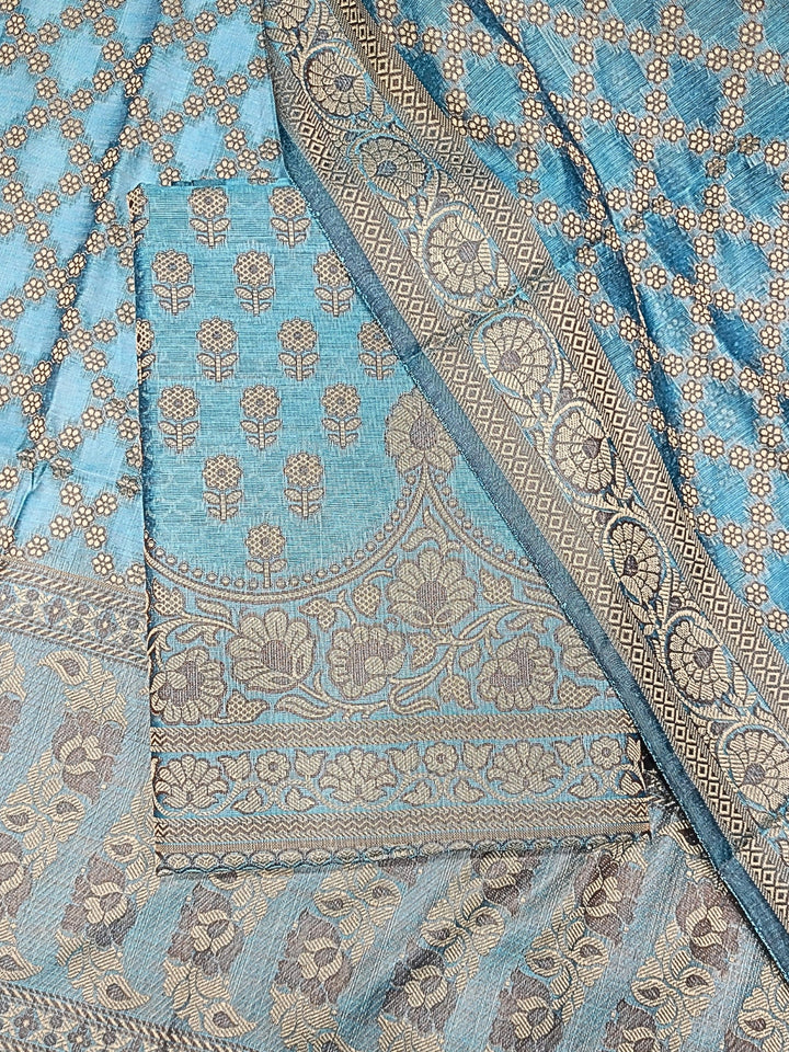 Banarasi Silk Dress Material with Scalloped Floral Motifs & Jaal pattern Jhallar Dupatta