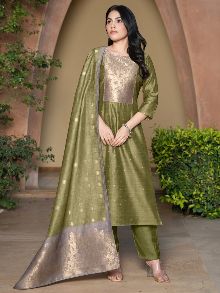 Jamdani Woven Straight Kurta Set with Brocade Weaving Floral pattern Yoke & Dupatta