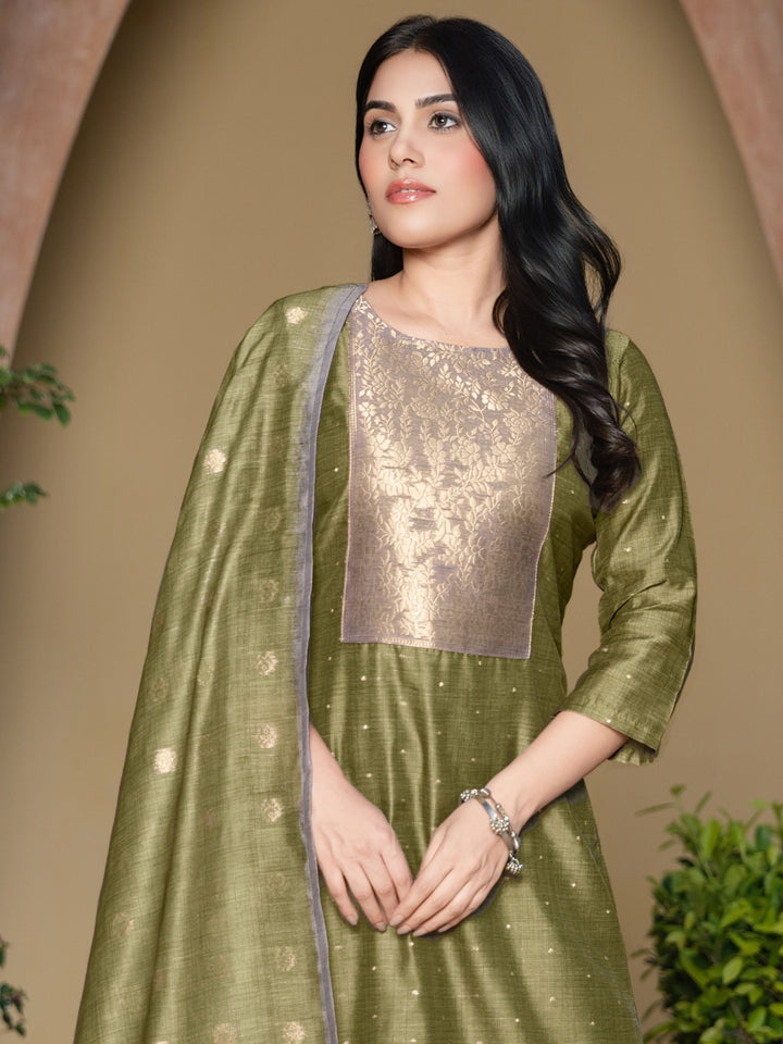 Jamdani Woven Straight Kurta Set with Brocade Weaving Floral pattern Yoke & Dupatta