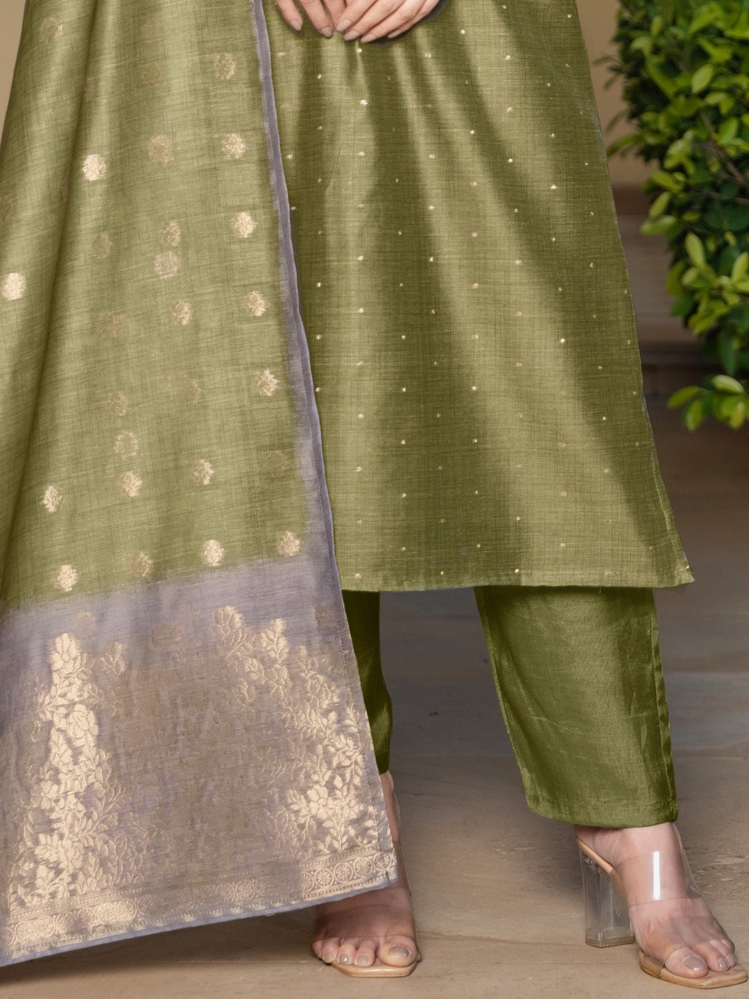 Jamdani Woven Straight Kurta Set with Brocade Weaving Floral pattern Yoke & Dupatta