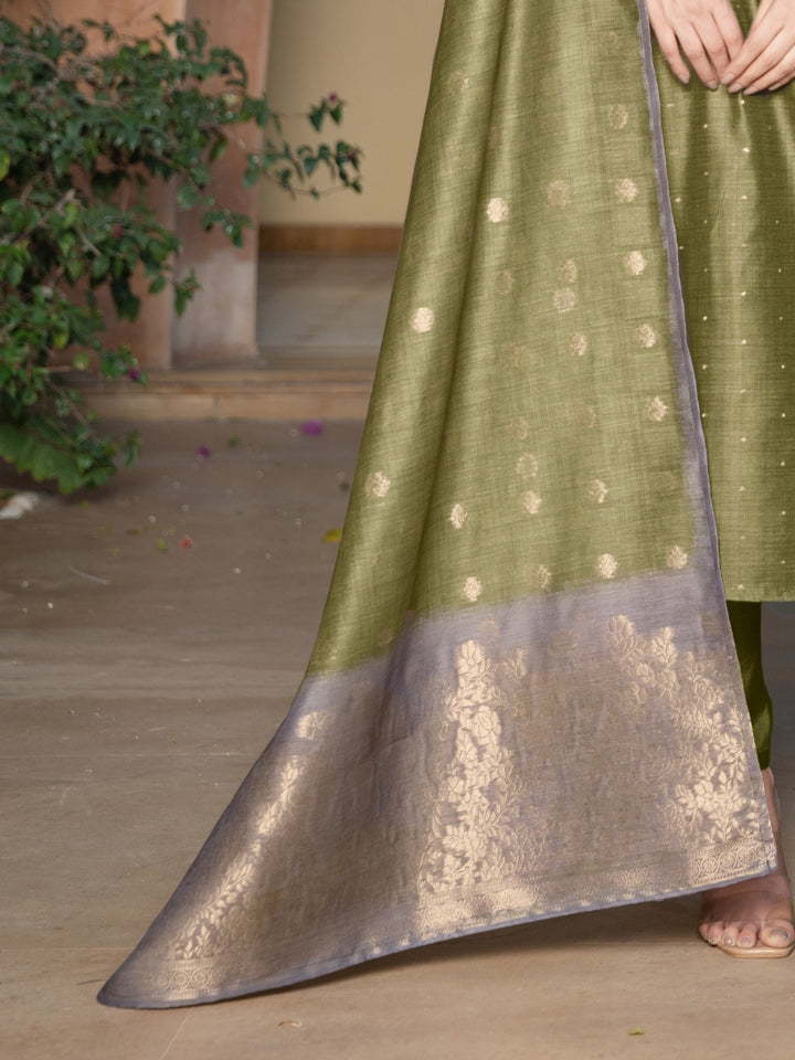 Jamdani Woven Straight Kurta Set with Brocade Weaving Floral pattern Yoke & Dupatta