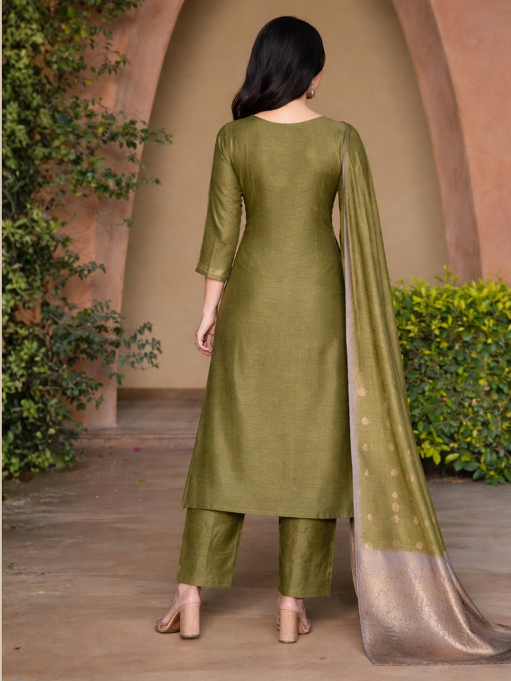 Jamdani Woven Straight Kurta Set with Brocade Weaving Floral pattern Yoke & Dupatta