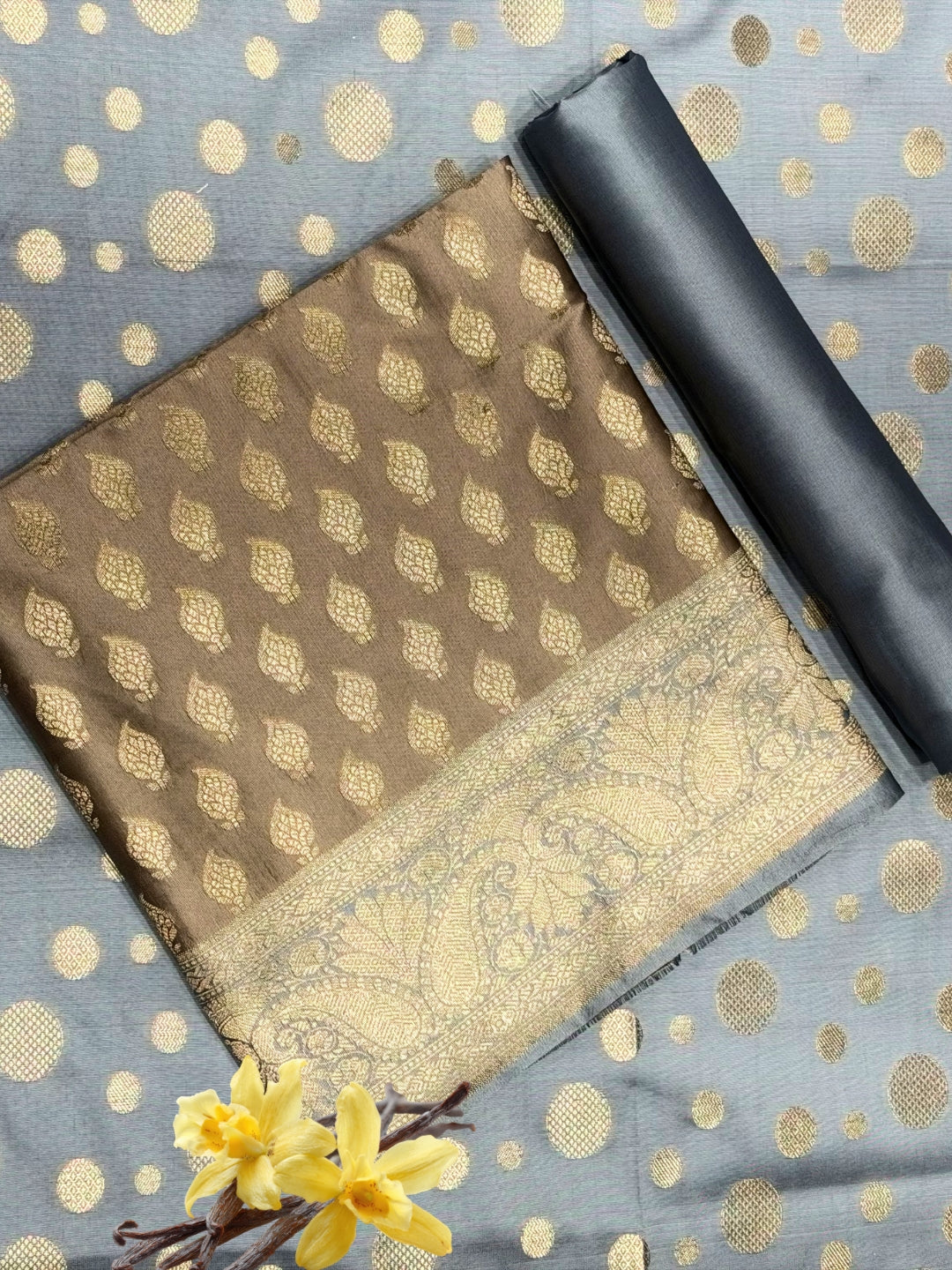 Banarasi Silk Colorblocked Dress Material with Paisley Zari Weaving & Jhalar Dupatta