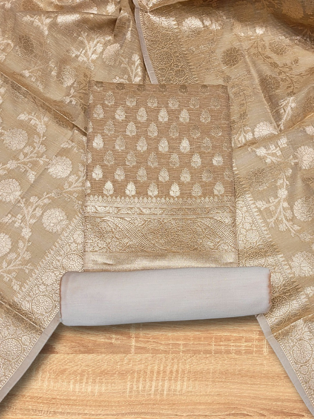 Banarasi Handloom Jute Silk Dress Material with Slub Weave & Tasseled Dupatta