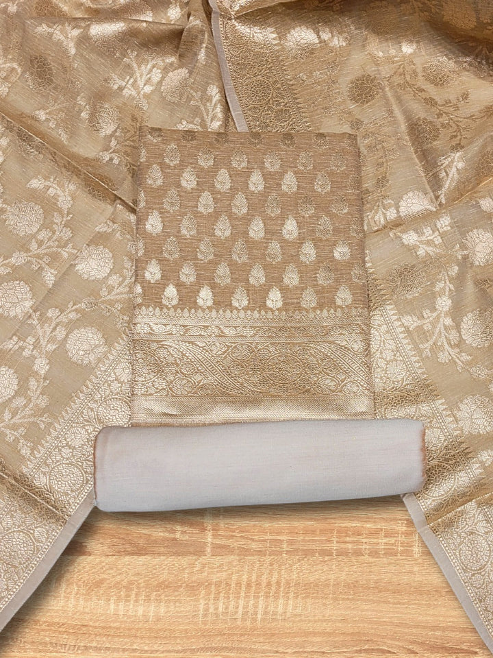 Banarasi Handloom Jute Silk Dress Material with Slub Weave & Tasseled Dupatta