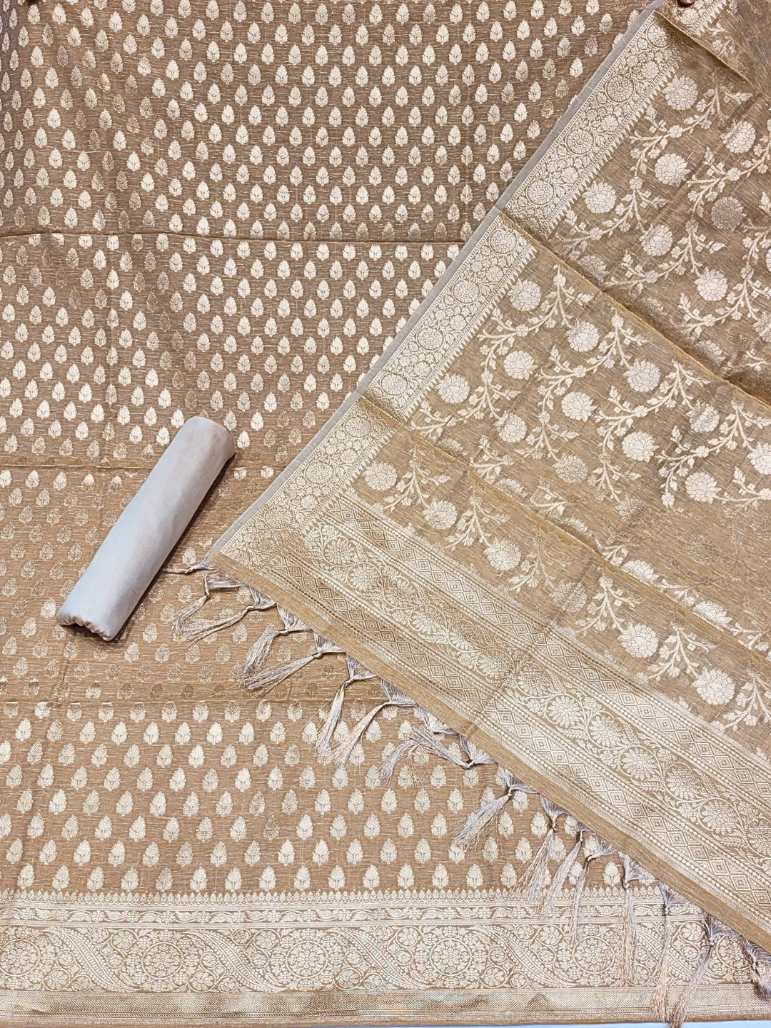 Banarasi Handloom Jute Silk Dress Material with Slub Weave & Tasseled Dupatta