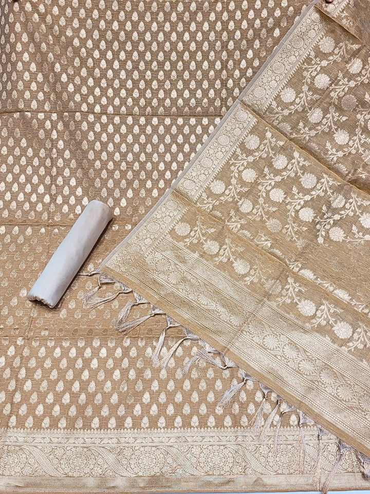 Banarasi Handloom Jute Silk Dress Material with Slub Weave & Tasseled Dupatta
