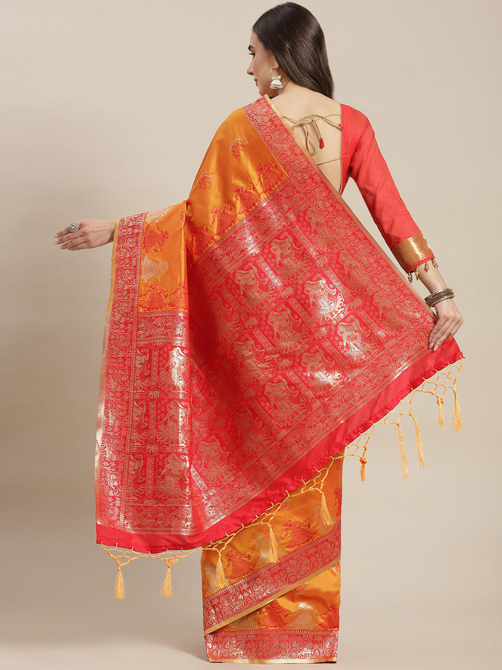 Mustard Baluchari Saree with Zari & woven Dancing Pictoral motifs