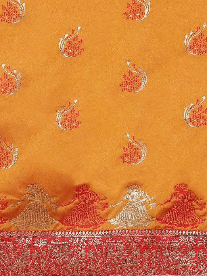 Mustard Baluchari Saree with Zari & woven Dancing Pictoral motifs