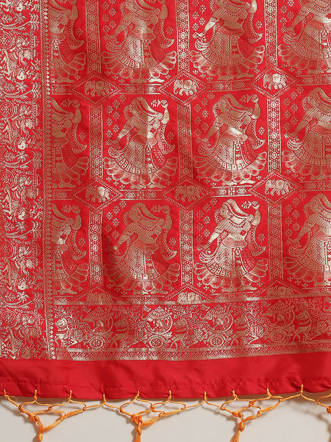 Mustard Baluchari Saree with Zari & woven Dancing Pictoral motifs