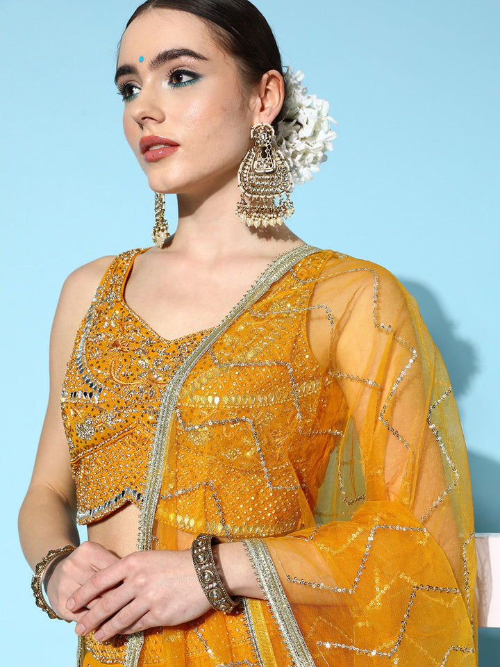 Mustard Mukaish Work Embellished Georgette Lehenga & Heavy Choli