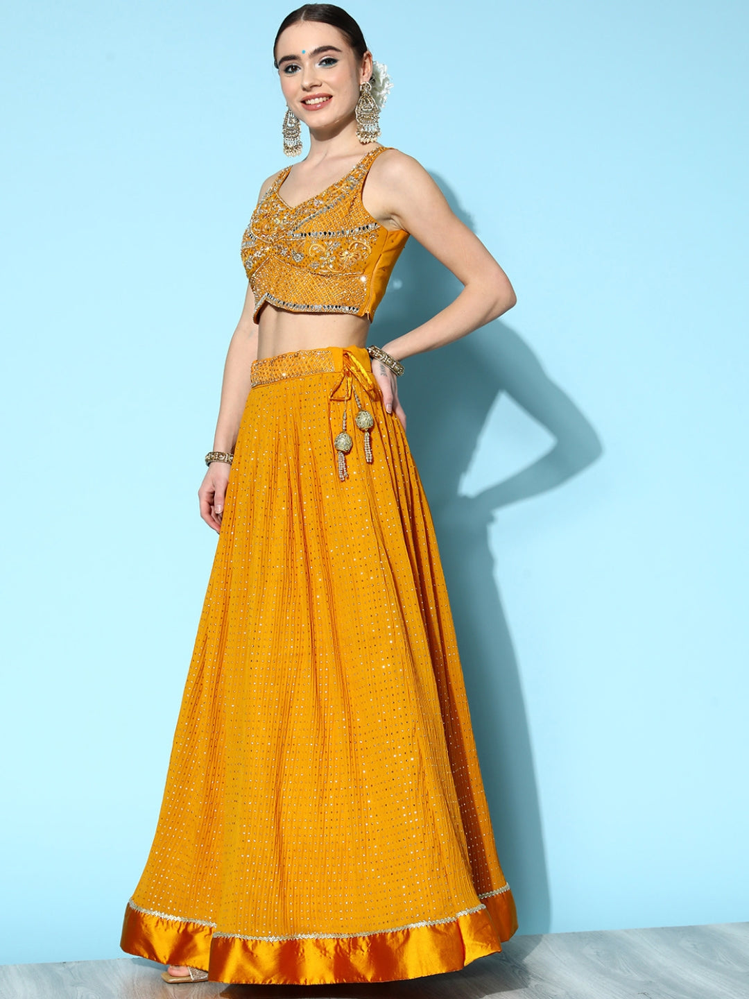 Mustard Mukaish Work Embellished Georgette Lehenga & Heavy Choli