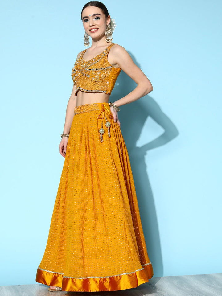 Mustard Mukaish Work Embellished Georgette Lehenga & Heavy Choli