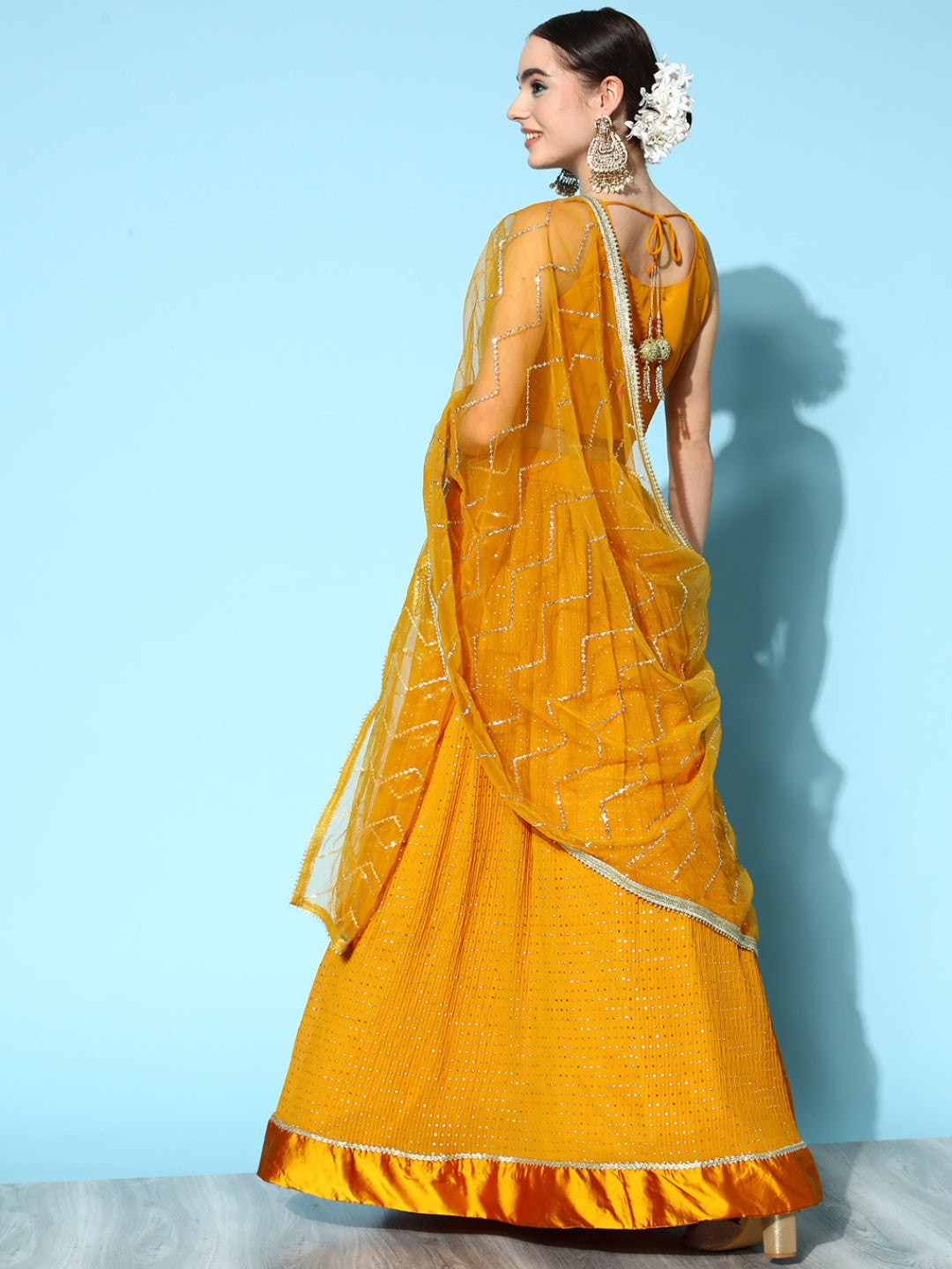 Mustard Mukaish Work Embellished Georgette Lehenga & Heavy Choli