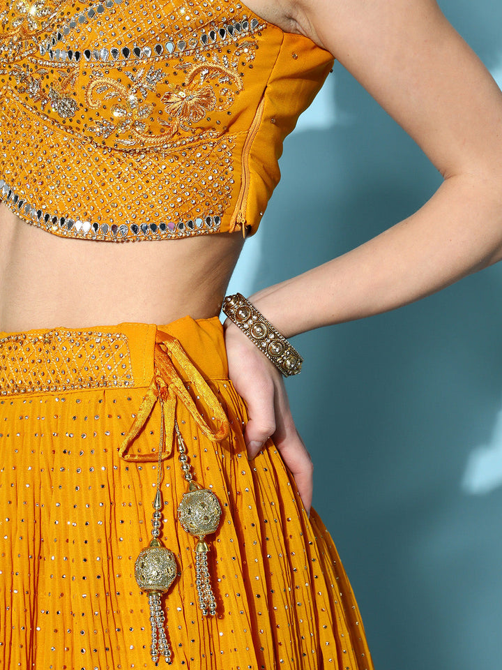 Mustard Mukaish Work Embellished Georgette Lehenga & Heavy Choli