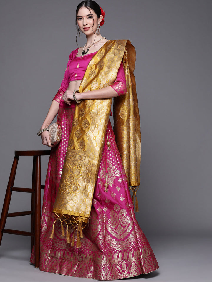 Burgundy Semi Stitched Banarasi Silk Lehenga with Resham Weaving