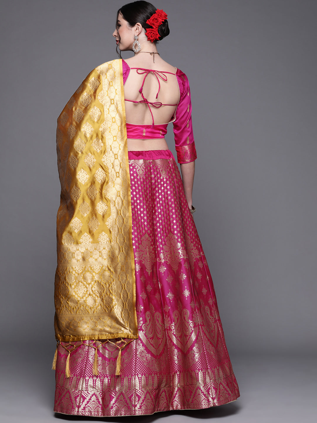 Burgundy Semi Stitched Banarasi Silk Lehenga with Resham Weaving