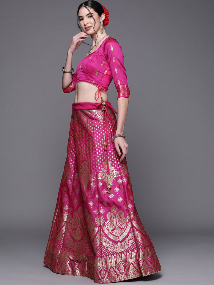 Burgundy Semi Stitched Banarasi Silk Lehenga with Resham Weaving