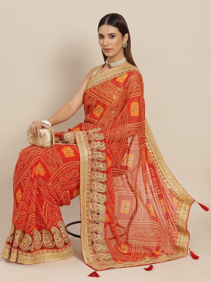 Red Bandhani Georgette Saree with Zari Embroidery & Embellishments