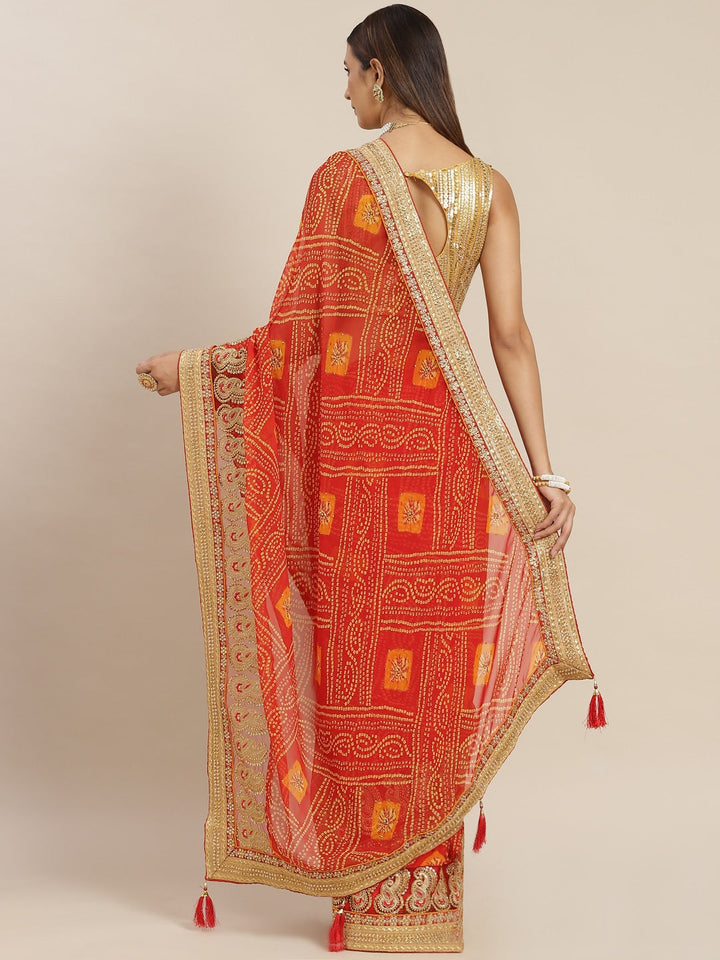 Red Bandhani Georgette Saree with Zari Embroidery & Embellishments