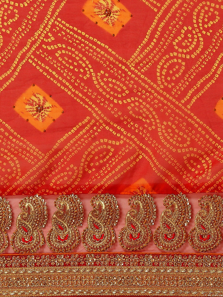 Red Bandhani Georgette Saree with Zari Embroidery & Embellishments