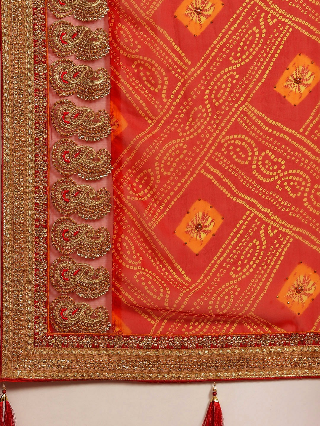 Red Bandhani Georgette Saree with Zari Embroidery & Embellishments