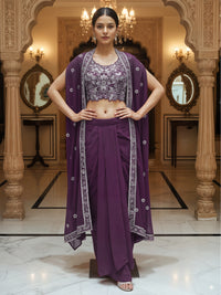 Floral Embroidery Indo-Western Set with Sequinned Shrug, Scalloping & Pleated Dhoti Skirt
