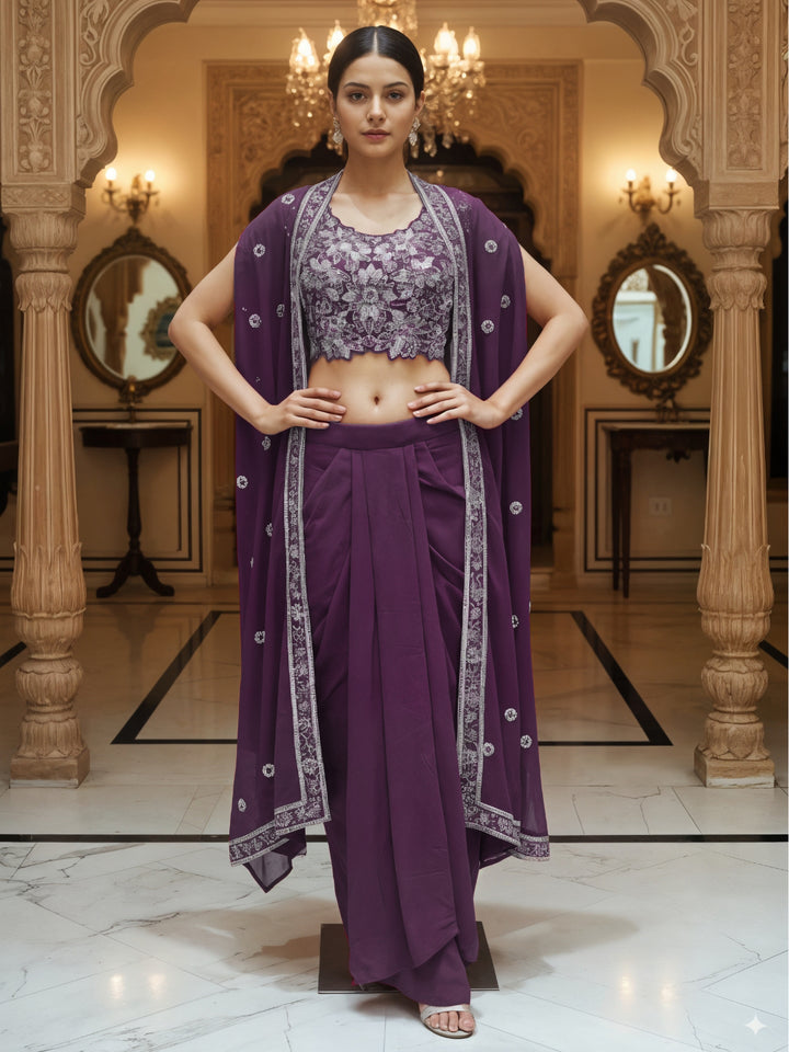 Floral Embroidery Indo-Western Set with Sequinned Shrug, Scalloping & Pleated Dhoti Skirt