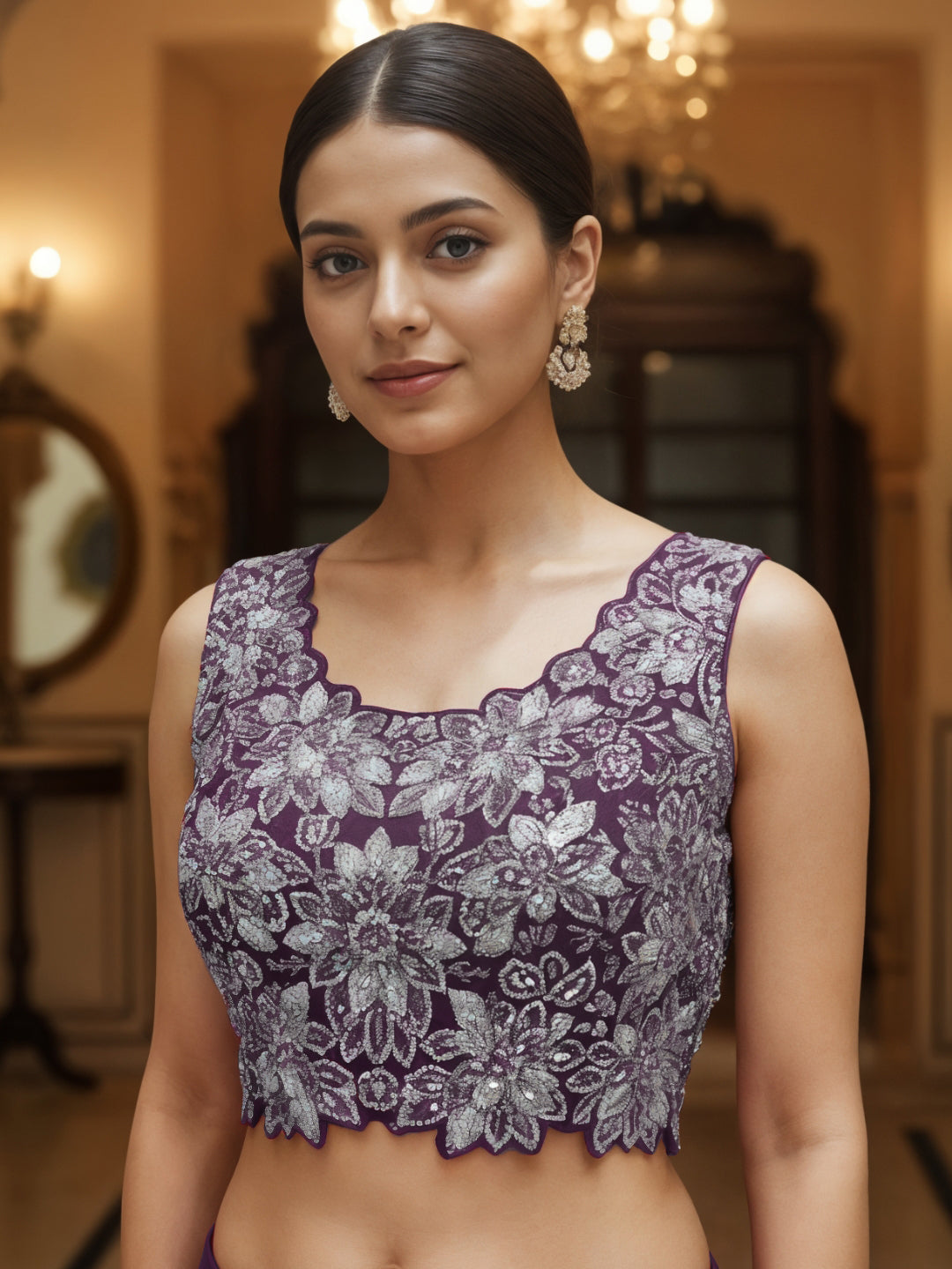 Floral Embroidery Indo-Western Set with Sequinned Shrug, Scalloping & Pleated Dhoti Skirt