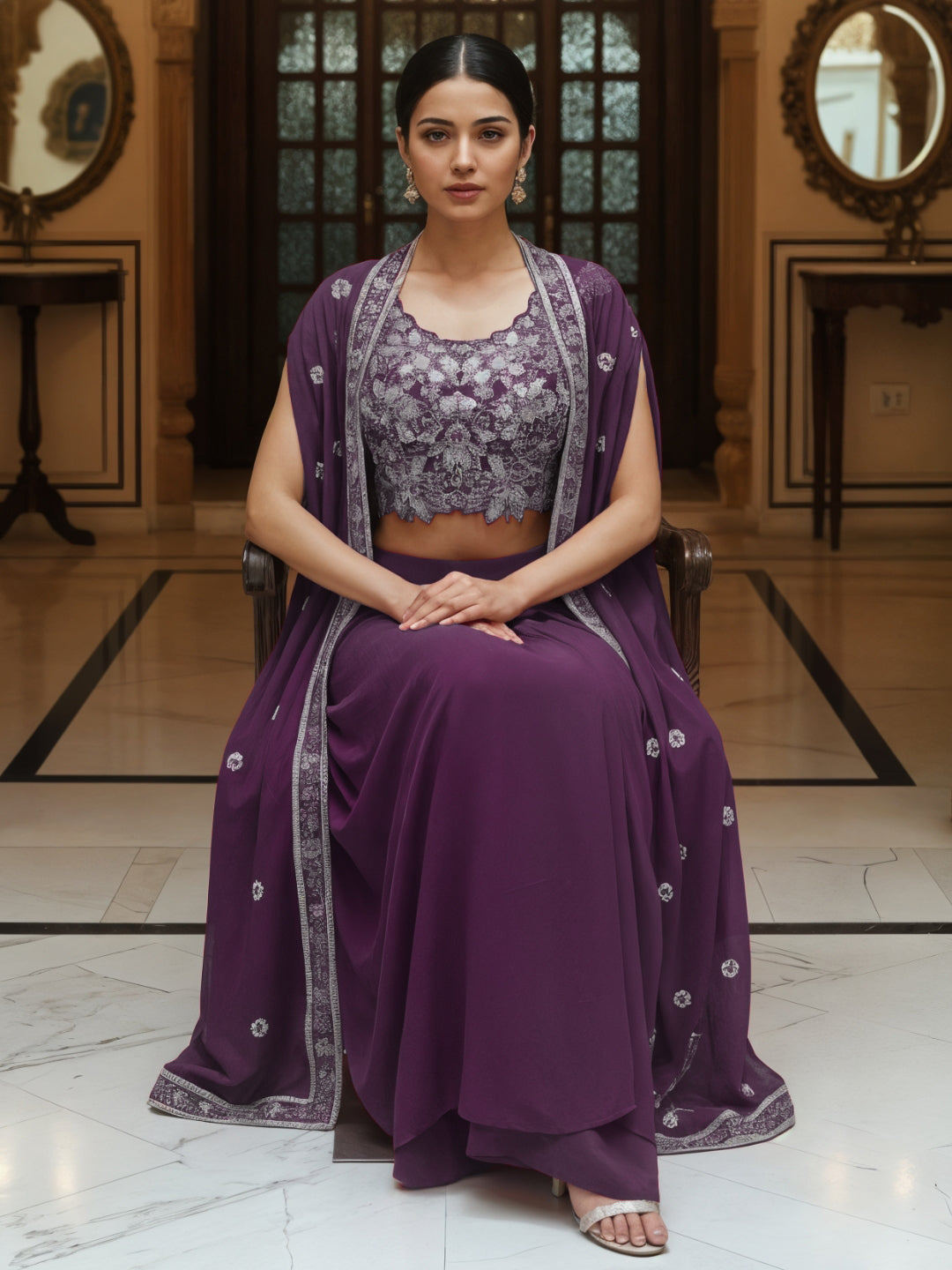 Floral Embroidery Indo-Western Set with Sequinned Shrug, Scalloping & Pleated Dhoti Skirt