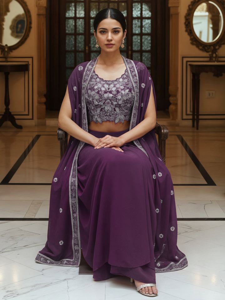 Floral Embroidery Indo-Western Set with Sequinned Shrug, Scalloping & Pleated Dhoti Skirt