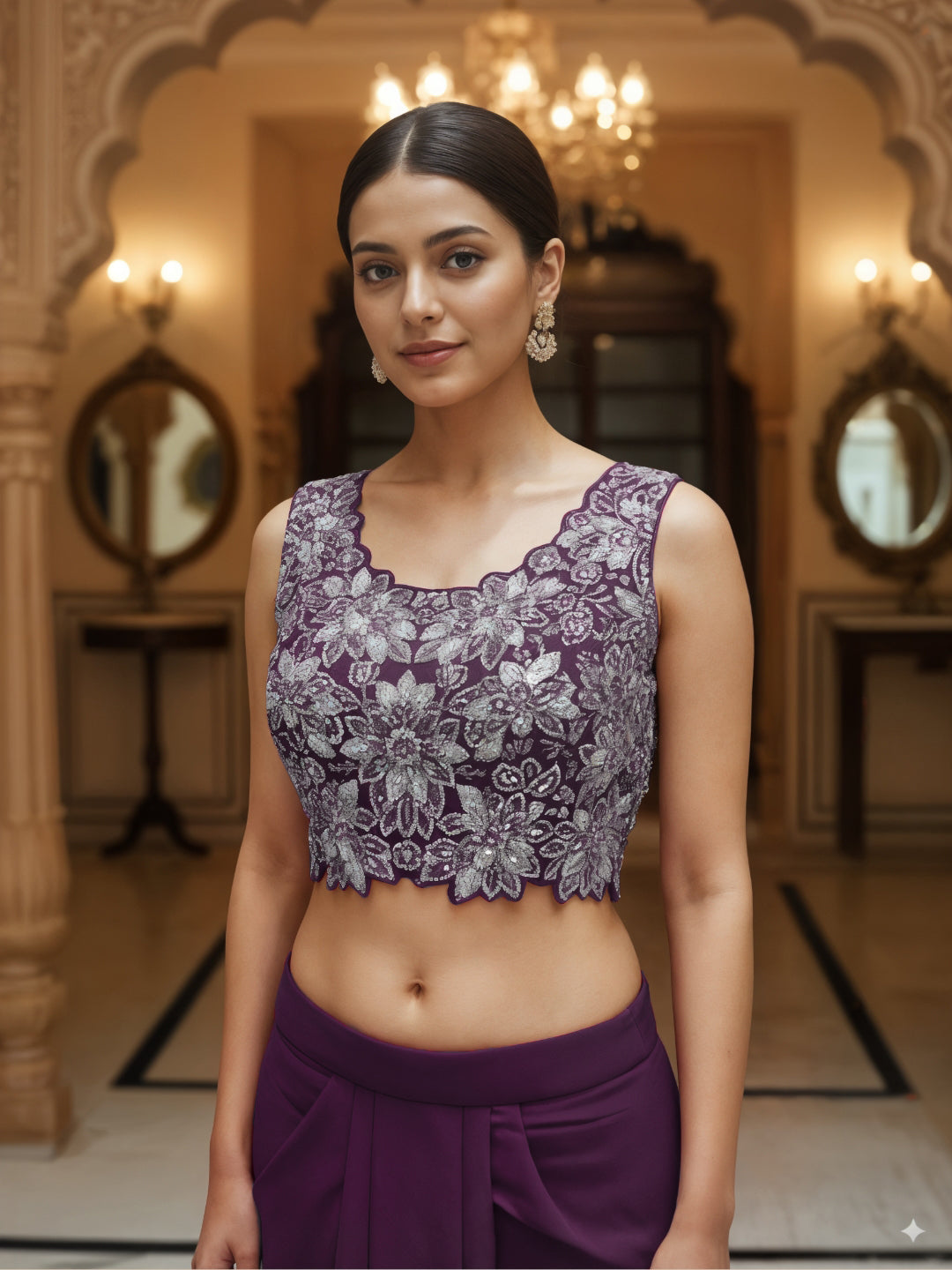 Floral Embroidery Indo-Western Set with Sequinned Shrug, Scalloping & Pleated Dhoti Skirt