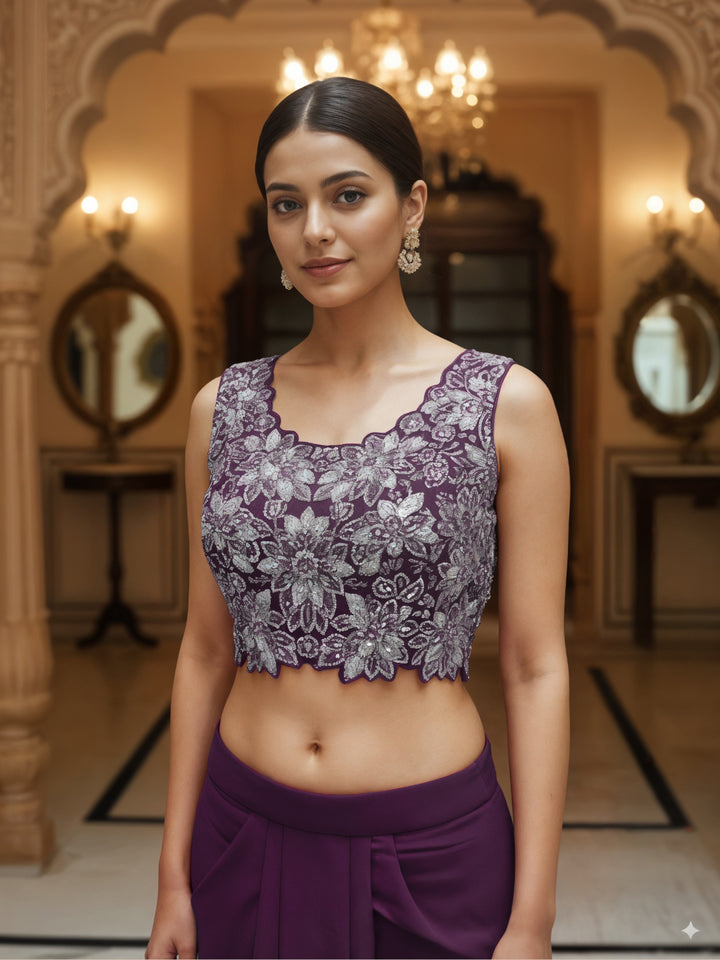 Floral Embroidery Indo-Western Set with Sequinned Shrug, Scalloping & Pleated Dhoti Skirt