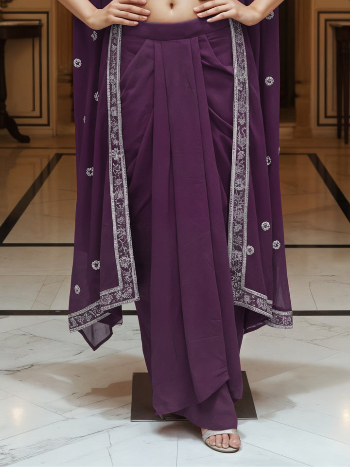 Floral Embroidery Indo-Western Set with Sequinned Shrug, Scalloping & Pleated Dhoti Skirt