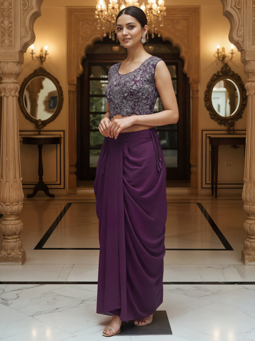 Floral Embroidery Indo-Western Set with Sequinned Shrug, Scalloping & Pleated Dhoti Skirt